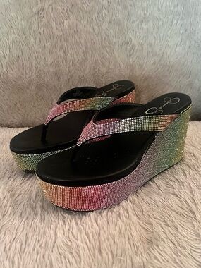 Jessica Simpson Rainbow Crystal Wedge Flip Flops